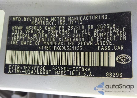 2013 Toyota Camry Se V6 from USA, damaged, VIN 4T1BK1FK6DU531425